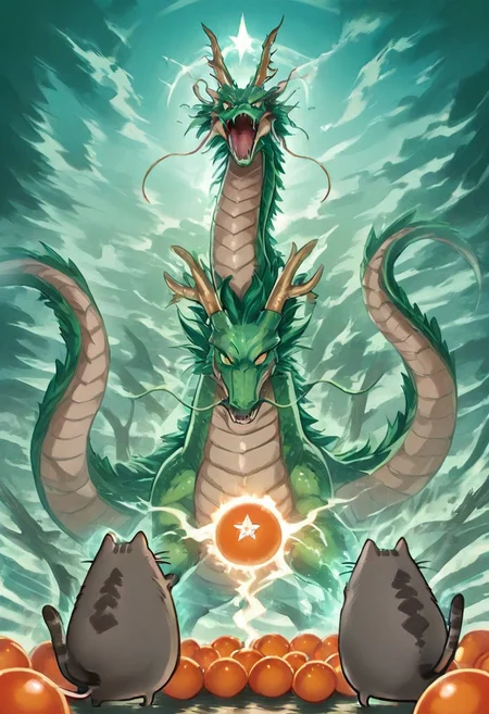 masterpiece, best quality, amazing quality, no humans, Pusheen, ((Pusheen standing next to 7 orange balls that have stars on them)), summoning, shenron, extremely long green dragon shenron, bosstyle