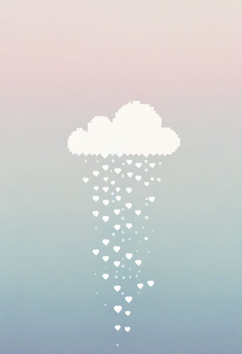minimalist, pixel art, single pixelated cloud, delicate rain of tiny pixelated hearts, negative space, white canvas, subtle gradients, soft pastel colors, focus on simplicity, symbolic, evocative
