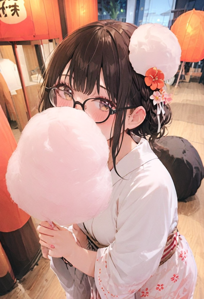 masterpiece, best quality, very aesthetic, absurdres,
cotton candy, 1girl, solo, glasses, black hair, holding, holding food, food, skewer, yukata, hair flower, braid, night, summer, paper lantern, 
 <lora:wataame_SDXL_V1:1>