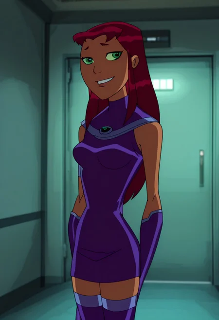 lazypos, masterpiece, best quality, amazing quality,detailed eyes, hi res, ultsm99, starfirett, 1girl, red hair, solo, long hair, green eyes, orange skin, armlet, gorget, crop top, midriff, purple skirt, green sclera, breasts, purple footwear, bracer, seductive, smirk, closed_mouth, looking at viewer, dynamic pose, indoors, hallway, elevator door,