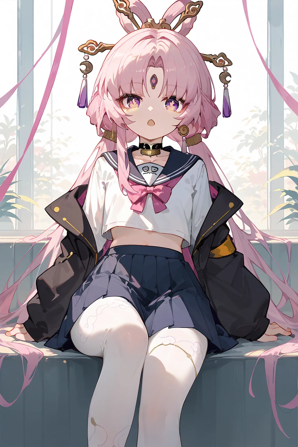 (score_9,score_8_up,score_7_up),<lora:Fu Xuan(Honkai Star Rail)-v1>,Fu Xuan(Honkai Star Rail),1girl,pink hair,solo,skirt,long hair,school uniform,forehead mark,pantyhose,jacket,white pantyhose,open mouth,serafuku,choker,blue skirt,purple eyes,white shirt,looking at viewer,bangs,black jacket,shirt,long sleeves,jewelry,earrings,:o,pleated skirt,facial mark,parted bangs,midriff peek,sailor collar,very long hair,black choker,pink eyes,
good feet,anime,NSFW,expressive,amazing quality,ultra hd 32k,moody lighting,