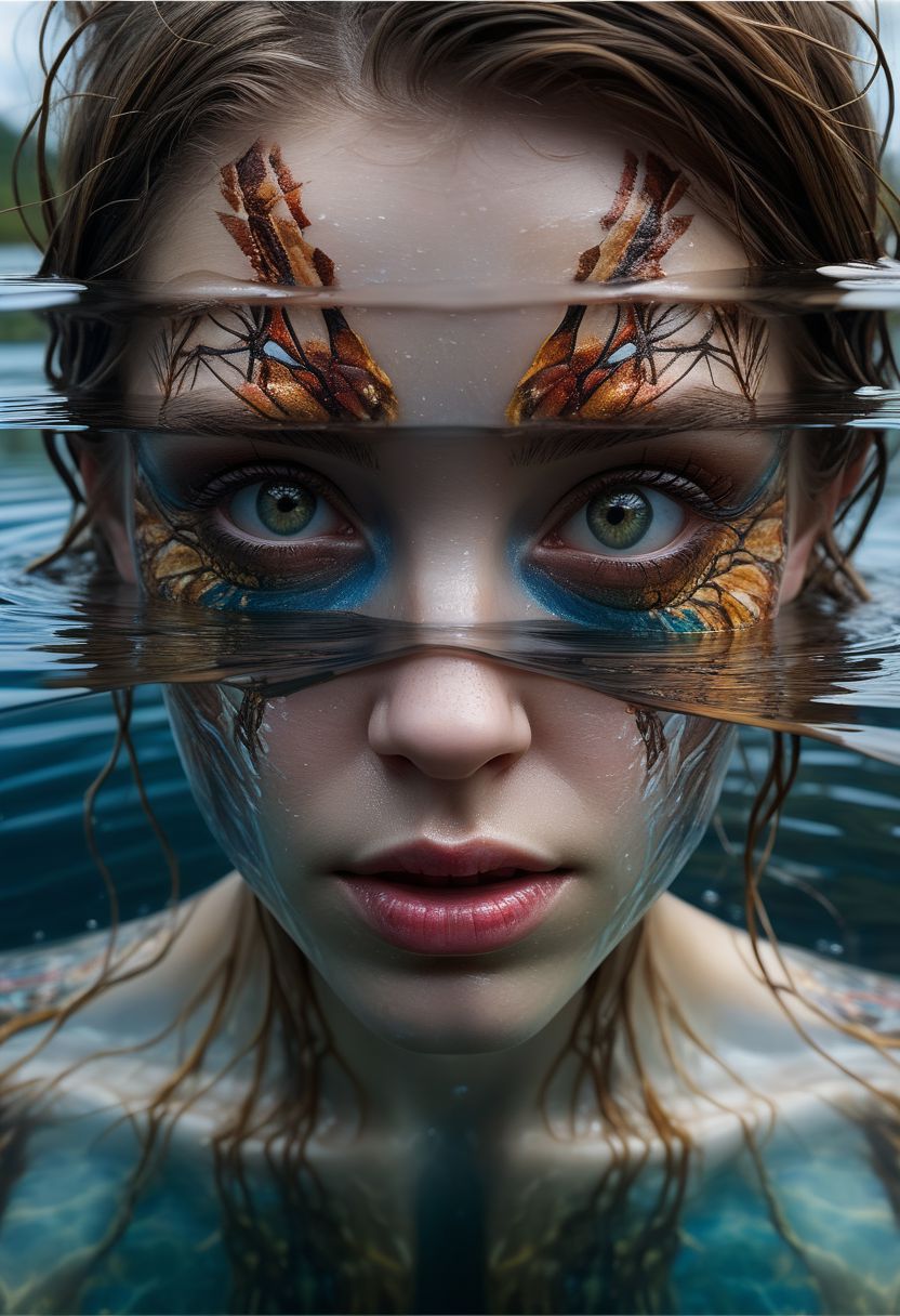 Mysterious female eyes in a lake, (only her eyes are above water-level, water reflection), goddess, alluring, by Minjae Lee, Carne Griffiths, Emily Kell, Steve McCurry, Geoffroy Thoorens, Aaron Horkey, Jordan Grimmer, Greg Rutkowski, amazing depth, double exposure, surreal, geometric patterns, intricately detailed, bokeh,  perfect balanced, deep fine borders, artistic photorealism , smooth,  great masterwork by head of prompt engineering   <lora:add-detail-xl:2>  <lora:Double_Exposure:0.5>