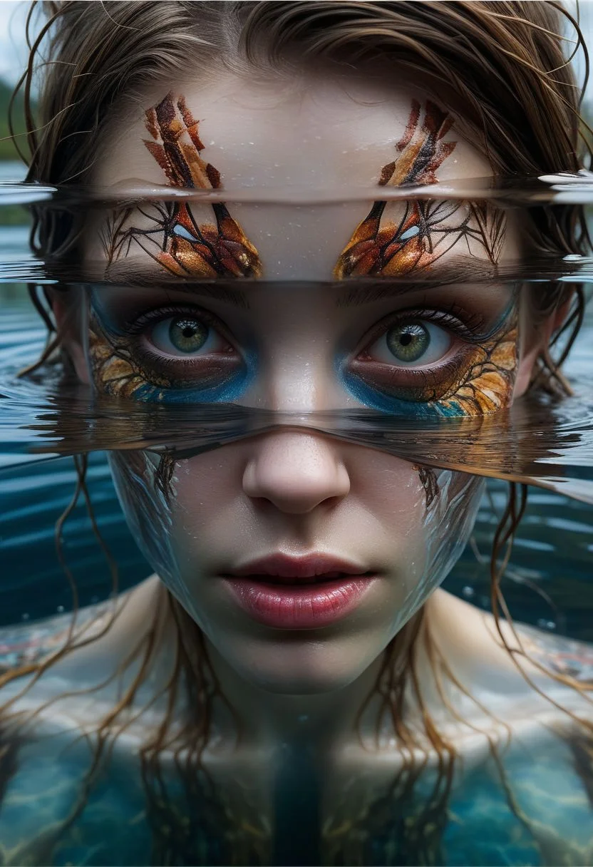 Mysterious female eyes in a lake, (only her eyes are above water-level, water reflection), goddess, alluring, by Minjae Lee, Carne Griffiths, Emily Kell, Steve McCurry, Geoffroy Thoorens, Aaron Horkey, Jordan Grimmer, Greg Rutkowski, amazing depth, double exposure, surreal, geometric patterns, intricately detailed, bokeh, perfect balanced, deep fine borders, artistic photorealism , smooth, great masterwork by head of prompt engineering <lora:add-detail-xl:2> <lora:Double_Exposure:0.5>