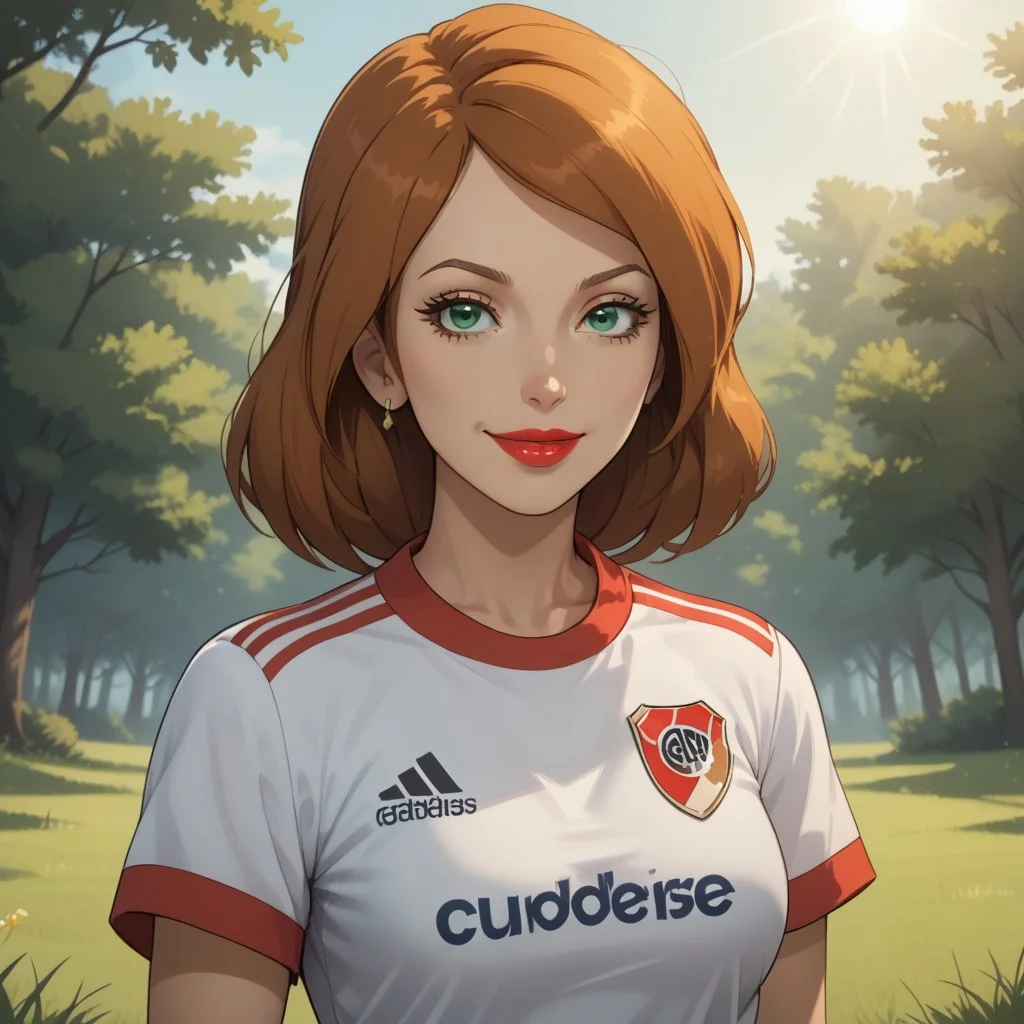 score_9, score_8, BREAK, solo, light brown hair, green eyes, red lips, lipstick, earrings, RiverPlate, striped shirt, striped, shirt, white shirt, short sleeves, clothes writing, sportswear, soccer uniform, breasts, Scarlet_(Sonic_X), sexy pose, self portrait, smile, looking at viewer, outdoors, sunlight, shadows, evening lighting, natural lighting, forest, trees, grass, orange sky, sunset