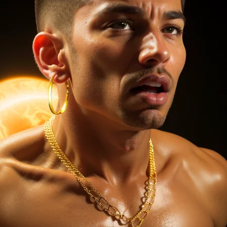 red pale man:1.5 with teeth and detailed close up face focus photo V3rh03v3n:0.88 with a glowing strange gold hoop earrings and arms and arms and a chain around neck and a chain, with a triangle behind and glowing eyes, simple black background with fog and cinematic lighting
