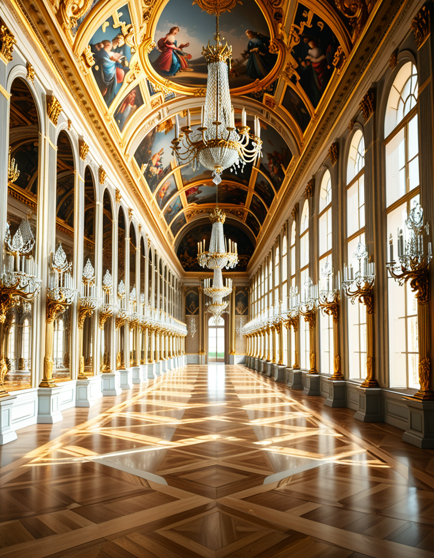 A breathtaking, photorealistic depiction of the Hall of Mirrors (Galerie des Glaces) at the Palace of Versailles in France, captured in golden afternoon light. The hall is grand and opulent, with a high arched ceiling painted with intricate Baroque frescoes. The walls are lined with tall arched mirrors on one side and large arched windows on the opposite side, flooding the space with natural light. Elegant crystal chandeliers hang from the ceiling, reflecting in the mirrors and sparkling with golden highlights. The marble floors are polished and gleaming, with rich, warm tones. Gilded statues and decorative elements frame the mirrors and doorways. The image style is ultra-detailed and photorealistic, with sharp textures and soft, warm lighting creating a majestic, timeless atmosphere. No people present, only the serene magnificence of the empty hall. Camera angle at eye level, centered down the hall, capturing the full length and symmetry of the space.
<lora:SDXLFaeTastic2400:0.4> <lora:extremely_detailed:0.4> extremely detailed,<lora:Hall_of_M1rr0rs:1>,Hall of M1rr0rs, Masterpiece,best quality,hi res,8k,hi res,8k,award winning,(sharp focus, intricate, highly detailed),