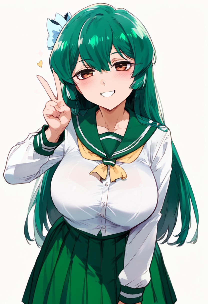 score_9, score_8_up, score_7_up, score_6_up, BREAK very detailed, highly detailed texture, (highly detailed face, (perfect face, perfect eyes)), detailed image, high resolution, perfect hands, BREAK,
1girl, sayo minakami, long hair, brown eyes, bow, hair bow, green hair,
skirt, shirt, long sleeves, school uniform, white shirt, pleated skirt, serafuku, sailor collar, neckerchief, green skirt, green sailor collar,
Standing, proud, big breasts, smile,
Cute face, (blush), (simple background), bow down, {leaning forward}, (chest up), chin up, peace sign salute, negative_hand