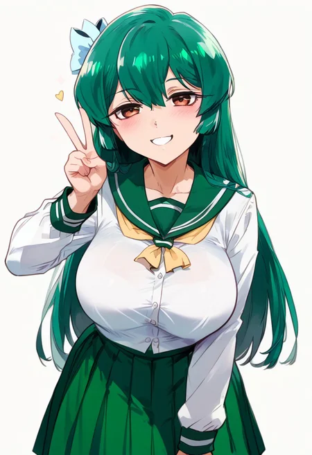 score_9, score_8_up, score_7_up, score_6_up, BREAK very detailed, highly detailed texture, (highly detailed face, (perfect face, perfect eyes)), detailed image, high resolution, perfect hands, BREAK,
1girl, sayo minakami, long hair, brown eyes, bow, hair bow, green hair,
skirt, shirt, long sleeves, school uniform, white shirt, pleated skirt, serafuku, sailor collar, neckerchief, green skirt, green sailor collar,
Standing, proud, big breasts, smile,
Cute face, (blush), (simple background), bow down, {leaning forward}, (chest up), chin up, peace sign salute, negative_hand
