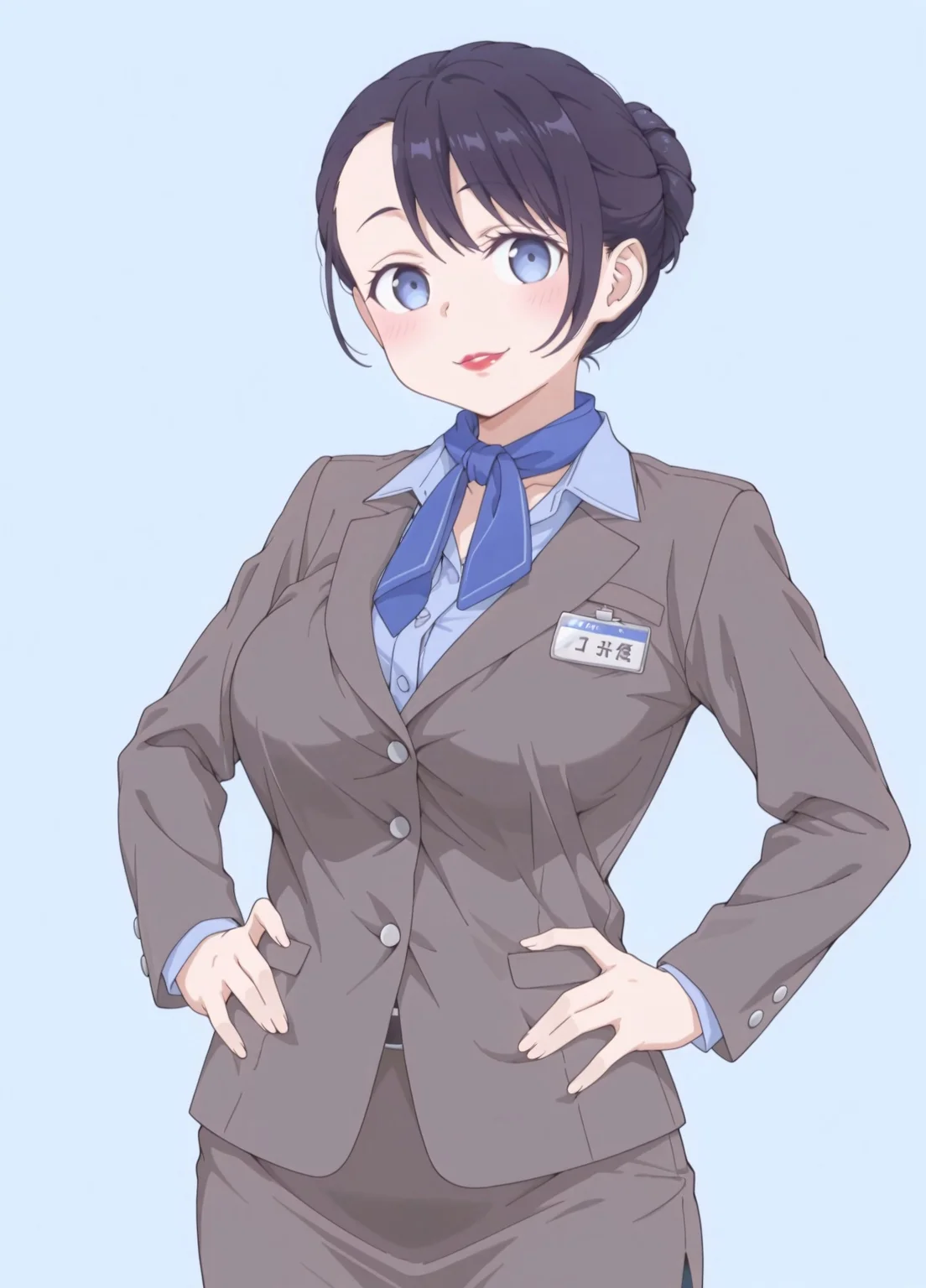 Unholy-aesthetic,masterpiece, best quality, amazing quality, absurdres,
tawawa_airhostess,1girl, solo, dark purple hair, single hair bun, blue eyes, parted lips, lipstick, red lipstick, large breasts,
brown blazer, buttoned blazer, long sleeves, blue shirt, collared shirt, blue scarf, name tag, belt, brown skirt, pencil skirt
, smile, standing, hands on the hips, cowboy shot, looking at viewer, blush,simple background, blue background,