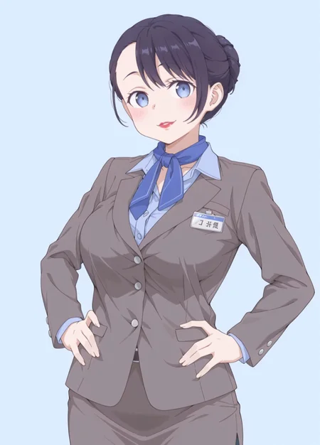 Unholy-aesthetic,masterpiece, best quality, amazing quality, absurdres, 

tawawa_airhostess,1girl, solo, dark purple hair, single hair bun, blue eyes, parted lips, lipstick, red lipstick, large breasts,

 brown blazer, buttoned blazer, long sleeves, blue shirt, collared shirt, blue scarf, name tag, belt, brown skirt, pencil skirt

, smile, standing, hands on the hips, cowboy shot, looking at viewer, blush,simple background, blue background,