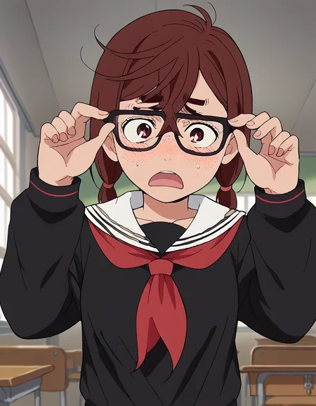 score_9, score_8_up, score_7_up, source_anime, <lora:momo-ayase-s1-ponyxl-lora-nochekaiser:1>, momo ayase, short hair, brown hair, brown eyes, bangs, thick eyebrows, medium breasts, anime screencap,, <lora:jimiko-ponyxl-lora-nochekaiser:1>, jimiko, glasses, black-framed eyewear, messy, unkempt, thick eyebrows, twintails, braids, freckles, baggy eyes,, blush, open mouth, embarrassed, classroom, adjusting eyewear, serafuku, black serafuku, red neckerchief, skirt, black skirt, pleated skirt, cowboy shot, <lora:averting-eyes-ponyxl-lora-nochekaiser:1>, averting eyes,, , dutch angle, cowboy shot