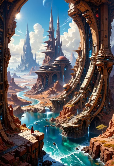 oil painting, rough, textural, broad brush strokes, of a bustling spaceport on an alien planet, mythp0rt