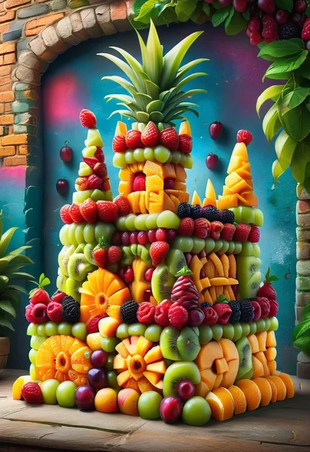 a legendary fruit castle in a fruit kingdom made of made of ral-fruitsalad, intricate details, masterpiece, best quality, colorful ,background of a London style brick wall, graffiti, neon lights,