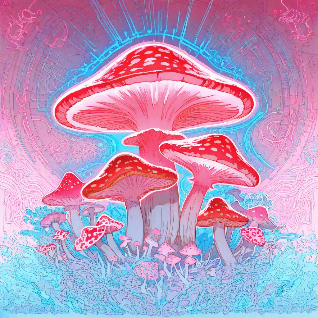 nazaruk, no-humans, neon outline, glowing, mushroom still-life, masterpiece, best quality, absurdres, highres, newest, outline, lineart, pink-theme