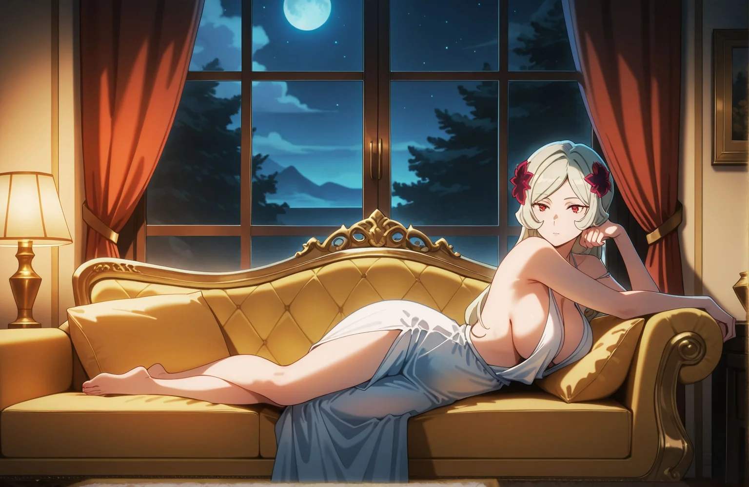 masterpiece,best quality,amazing quality,very aesthetic,absurdres,newest, huge filesize,
<lora:spo_sdxl_10ep_4k-data_lora_webui:0.5>,
<lora:add-detail-xl:1>
huge living room,
1girl, Hand resting on a golden round pillow,   
Relaxed yet poised posture, curtains,yellow couch,side by side,
<lora:DANMACHI_V2:1>,danmachiV2,  
night, dark, red eyes male, 
BREAK
D_Freya ,long hair, lying on couch, 
dress,
hair flower,hair ornament,
breasts,lamp,
flower,sideboob