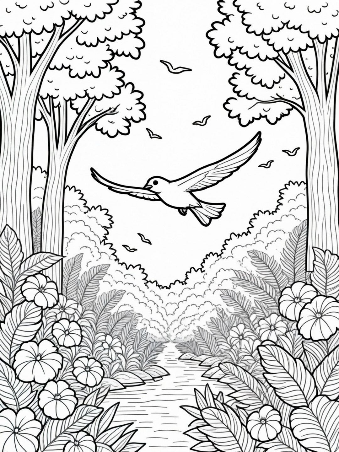 A simple monochrome line drawing for a coloring book.

A bird gliding through the air, surrounded by a lush tropical forest filled with trees and flowers.


<lora:LineDrawing03_CE_XL_300-OT:0.6> lndrwngCE_style