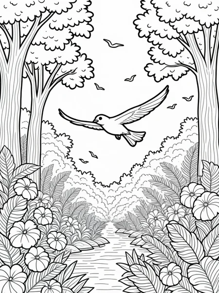 A simple monochrome line drawing for a coloring book.
A bird gliding through the air, surrounded by a lush tropical forest filled with trees and flowers.
<lora:LineDrawing03_CE_XL_300-OT:0.6> lndrwngCE_style