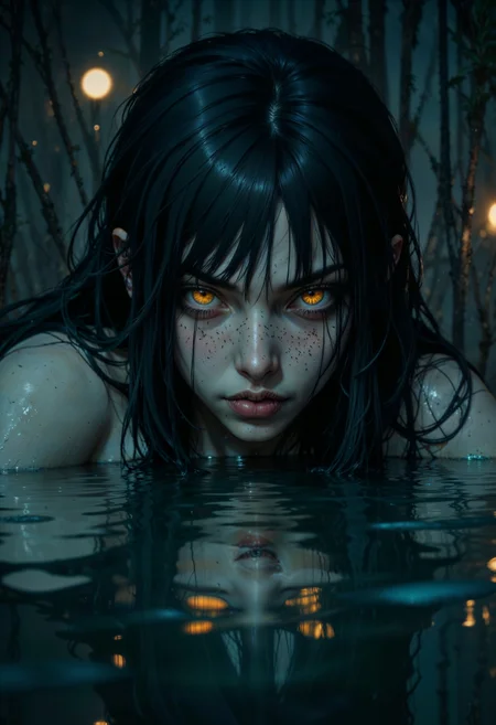 a close-up of a woman's face partially submerged in water. Her skin is pale, and her wet, dark hair clings to her face, adding a dramatic effect. The most striking feature is her glowing yellow eyes, which stand out against the dimly lit background. The water reflects her face, creating a mirror-like effect. The setting appears to be a natural body of water, with reeds and a faint light source visible in the background, suggesting a nighttime scene. The overall mood is mysterious and slightly eerie, enhanced by the dark color palette and the intense gaze of the subject.