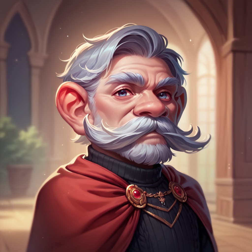 (((detailed, beautiful, high quality))), score_9, score_8_up, score_7_up, upper body, 
Gnome, short stature, shortstack, big eyes, big ears,
1 male, grandfather, gray hair, mustache, black sweater, red cape,
looking at the viewer, posing, 
blurred background, fantasy background, rustic background,