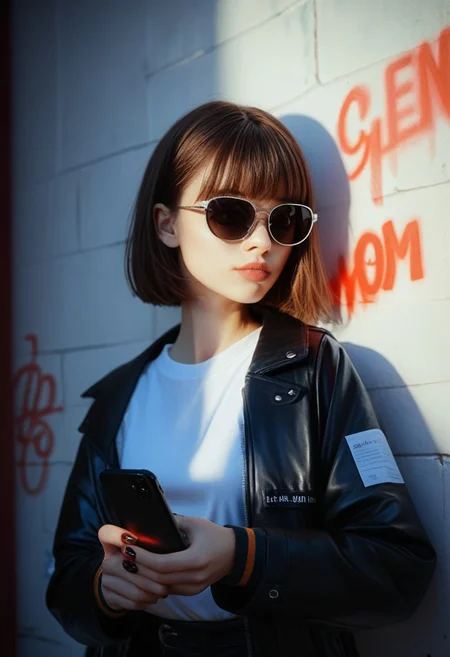 score_9, score_8_up, score_7_up, score_6_up, cinematic, cinema shot, film grain, depth of field, 1girl, solo, sunglasses, jacket, shirt, short hair, graffiti, brown hair, phone, black jacket, upper body, realistic, nail polish, bangs, long sleeves, holding phone, open clothes, white shirt, wall, lips, off shoulder, boke, (dark:1.2)