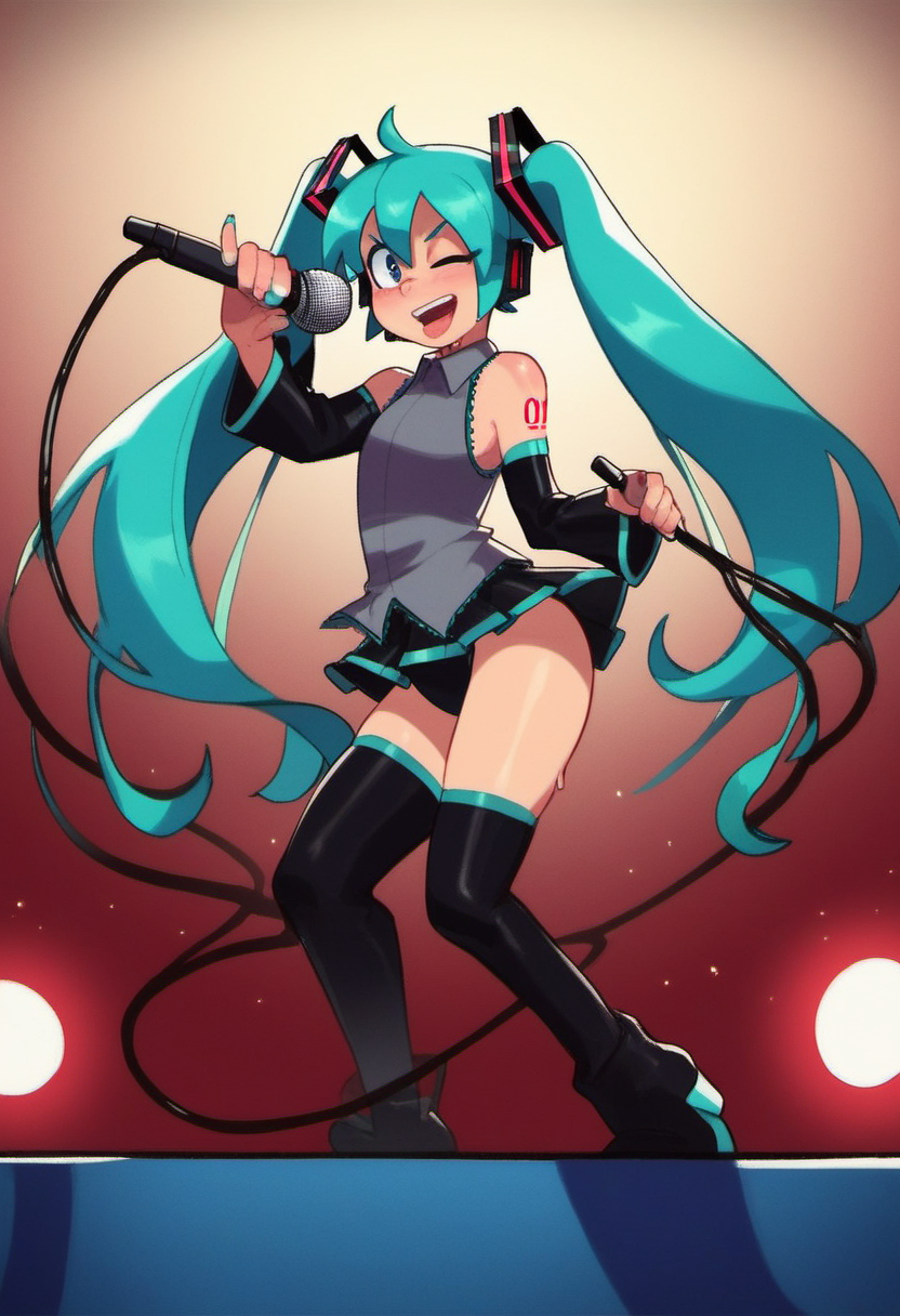 zPDXL, zPDXLxxx, score_9, score_8_up, score_7_up, score_6_up, score_5_up, score_4_up, BREAK  <lora:MrSmiles_for_PonyXL:0.8>, mrsmiles, rating_safe, BREAK  hatsune miku, blue hair, standing on stage, looking at viewer, microphone, one eye closed