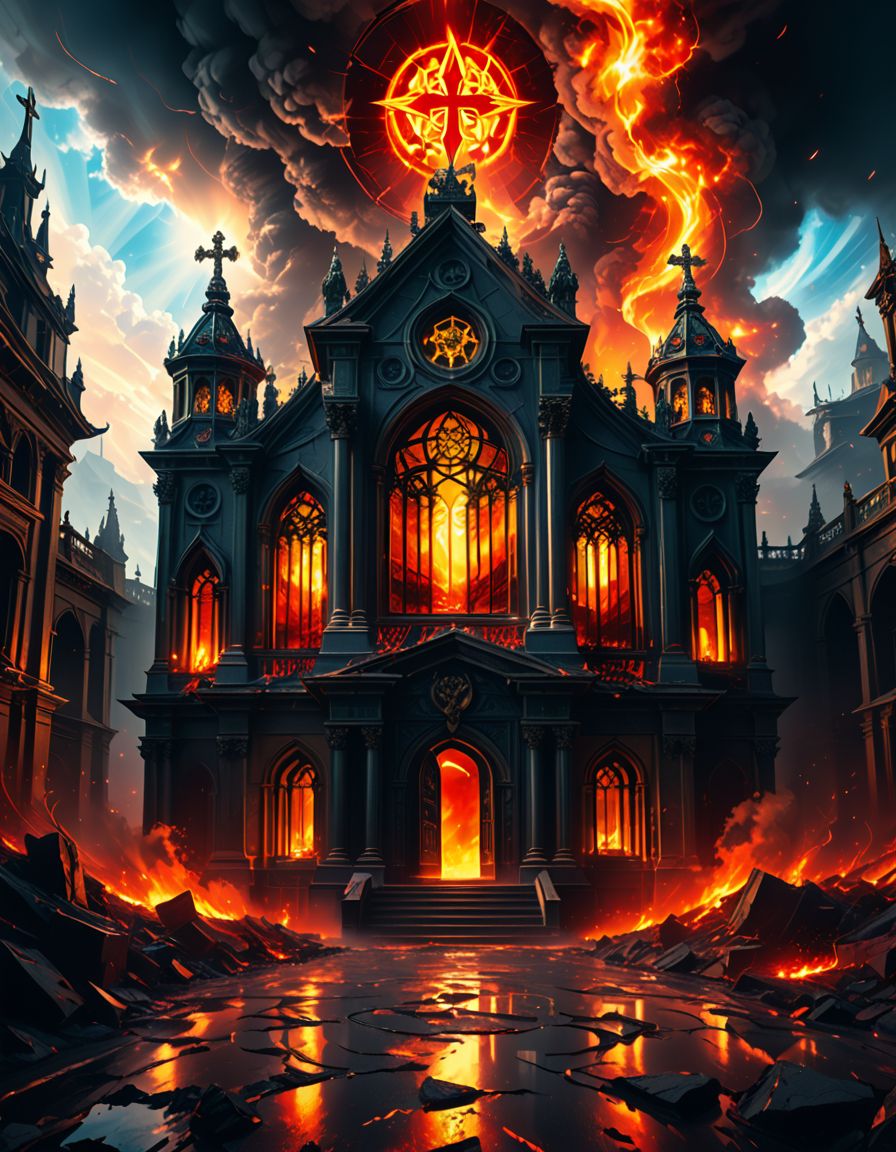 A once-majestic celestial temple, now under siege by the forces of Hell. The grand white stone structure is cracked and scorched, its golden crosses twisted and broken. The stained-glass windows, once glowing with warm divine light, are now shattered, with demonic symbols glowing ominously in their place. The sky, once a serene blue, is now consumed by dark storm clouds, swirling with red lightning and thick smoke.
Black, jagged chains extend from the sky, wrapping around the temple as if trying to pull it down into the abyss. The once-fluffy clouds beneath the structure are now a chaotic mix of fire, ash, and dark mist, with glimpses of molten lava cracks below. Infernal creatures with glowing red eyes lurk in the shadows, their silhouettes barely visible through the smoke and fire.
The temple doors are blown open, revealing an eerie red glow emanating from within, as if Hell itself is consuming the sacred space. Massive demonic runes are etched into the stone, pulsating with an unholy energy. The entire scene is bathed in a deep crimson and orange glow, giving it an apocalyptic and nightmarish atmosphere.
Style & Lighting:
- Dark fantasy, highly detailed
- Dramatic, high-contrast lighting with fiery glows
- Cinematic composition, epic scale
- Strong use of shadows, embers, and atmospheric foghighly detailed and atmospheric view from inside a massive birdcage, large enough for a human to stand inside. The cage is made of ornate, aged metal bars with intricate Victorian-style patterns, curving elegantly towards the domed ceiling. Sunlight filters through the gaps between the bars, casting long, dramatic shadows on the wooden floor. Delicate vines and small flowers have begun to grow around the bars, adding a touch of nature reclaiming the space. The background beyond the cage is blurred, hinting at a lush garden or a mysterious, abandoned mansion. The ambiance is serene yet slightly melancholic, with warm golden light illuminating dust particles floating in the air. Soft feathers are scattered on the floor, adding to the sense of quiet abandonment. The perspective makes the viewer feel as if they are inside the cage, looking outward, surrounded by both beauty and confinement. The style is highly detailed and realistic, with a cinematic and slightly surreal atmosphere.
<lora:SDXLFaeTastic2400:0.4> <lora:extremely_detailed:0.4> extremely detailed,evil celestial t3mpl3, <lora:evil_celestial_t3mpl3-p:1>, Masterpiece,best quality,hi res,8k,hi res,8k,award winning,(sharp focus, intricate, highly detailed),
