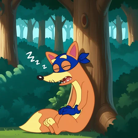 <lora:Swiper_Dora_-_Illustrious:1>  Swiper, 1boy, blue mask, blue gloves, sleeping, eyes closed, open mouth, snoring, sitting, against tree, sunlight, forest, trees, plants, bushes, masterpiece, masterwork,