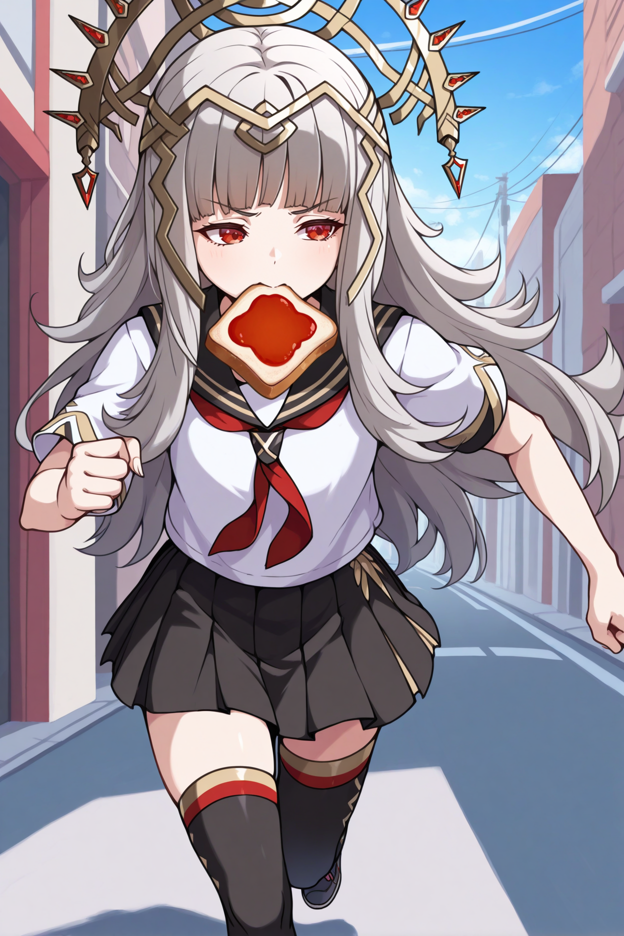 masterpiece, best quality, 1girl, <lora:feveronica-illu-nvwls-v1_1-000006:1> basever, grey hair, long hair, blunt bangs, red eyes, gold tiara, white shirt, short sleeves, black sailor collar, black skirt, pleated skirt, black thighhighs, toast in mouth, running, street, blue sky
