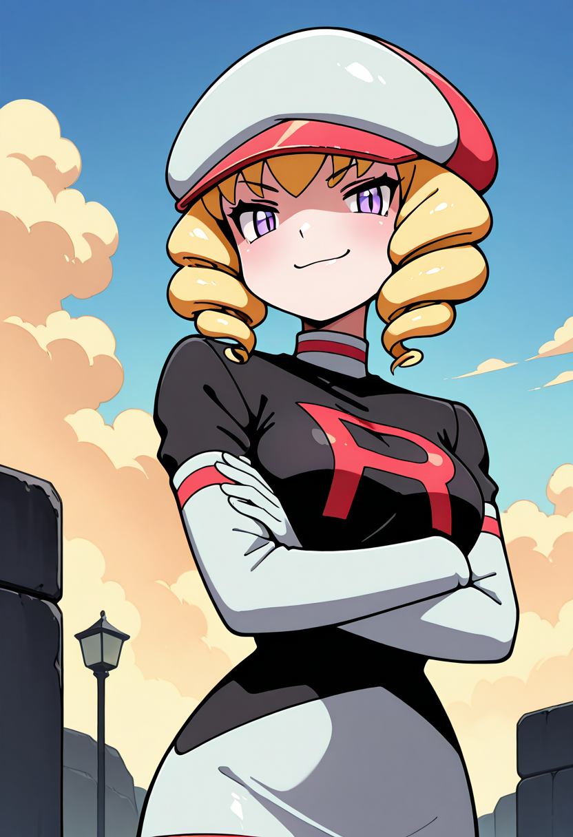 masterpiece, best quality, 1girl, solo, looking at viewer, smile,   zzDomino, purple eyes, blonde hair, drill hair, short hair,   skirt, hat, white skirt, team rocket uniform,    outdoors, day, cloud, blue sky, blurry background, crossed arms, smug,  <lora:DominoPokemon_IXL_v2:1.0>,