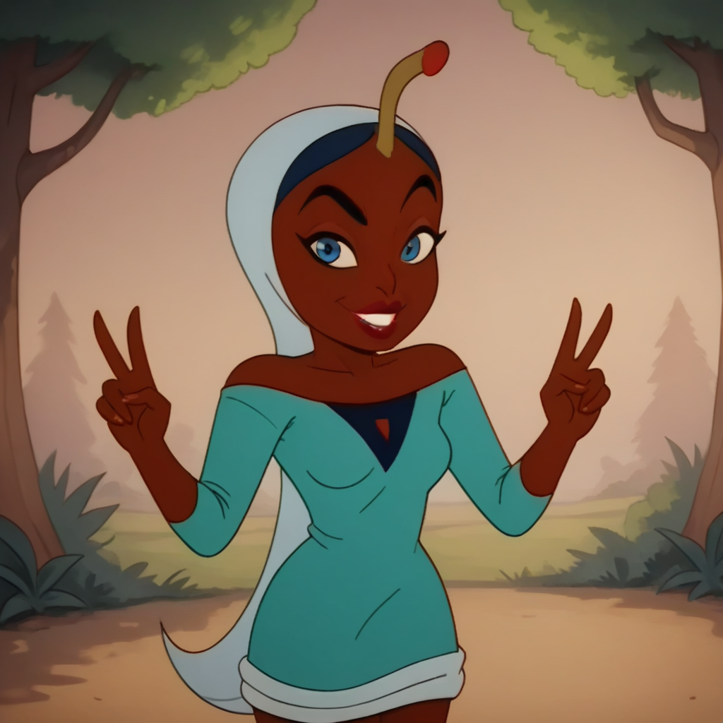 score_9_up, score_8_up, BREAK, DRdeli, 1girl, solo, blue eyes, dark skin, lipstick, dress, off shoulder, cowboy shot,  <lora:DrDeli_KingCrabSpaceCrustacean_PXL_Leaf1:1>,  double v, light smile, looking at viewer, outdoors, forest,