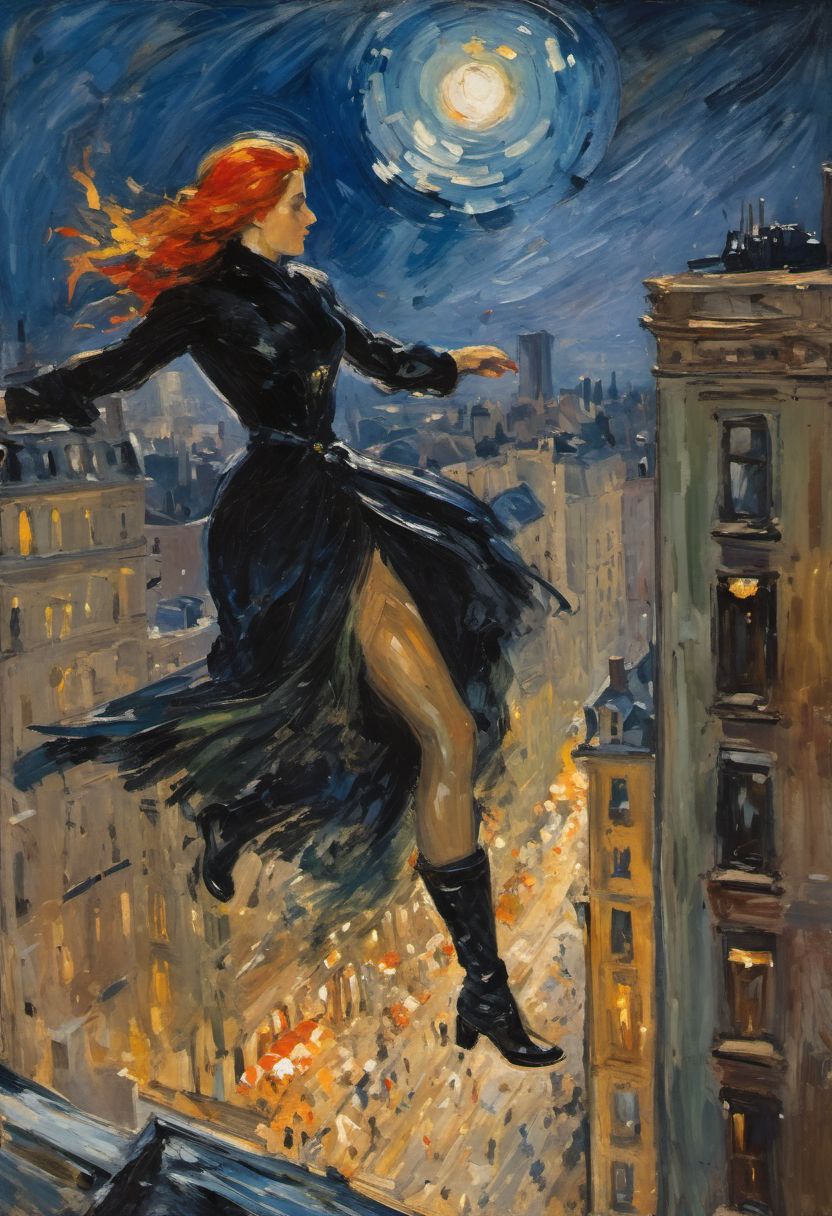 impressionist painting by Berthe Morisot, very rough painting with visible paint strokes, (dynamic_angle), 
Batwoman swinging between buildings, burning midnight costume, high boots, clothes like midnight full of stars, Night light, sharp shadows, moon lit, 
looking out over city, City landscape, dystopian city, crowds of people, 
standing high above stret, illustration,