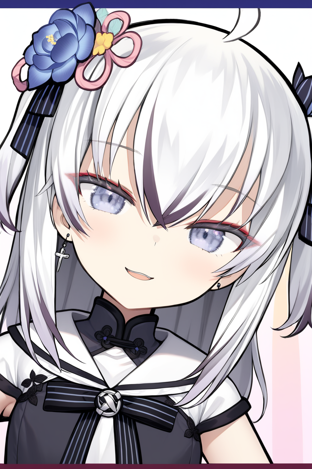 (masterpiece, best quality, very aesthetic, ultra detailed),(((masterpiece))),(((best quality))),<lora:AzumaSeren-000014:0.9>,azumaseren,ahoge,white hair,hair flower,dress,two side up,grey eyes,detached sleeves,2d,multicolored background,anime style,Enchanting heavyset,colorful,liquid background,portrait,armpit peek,hand up,armpits,evil smile,