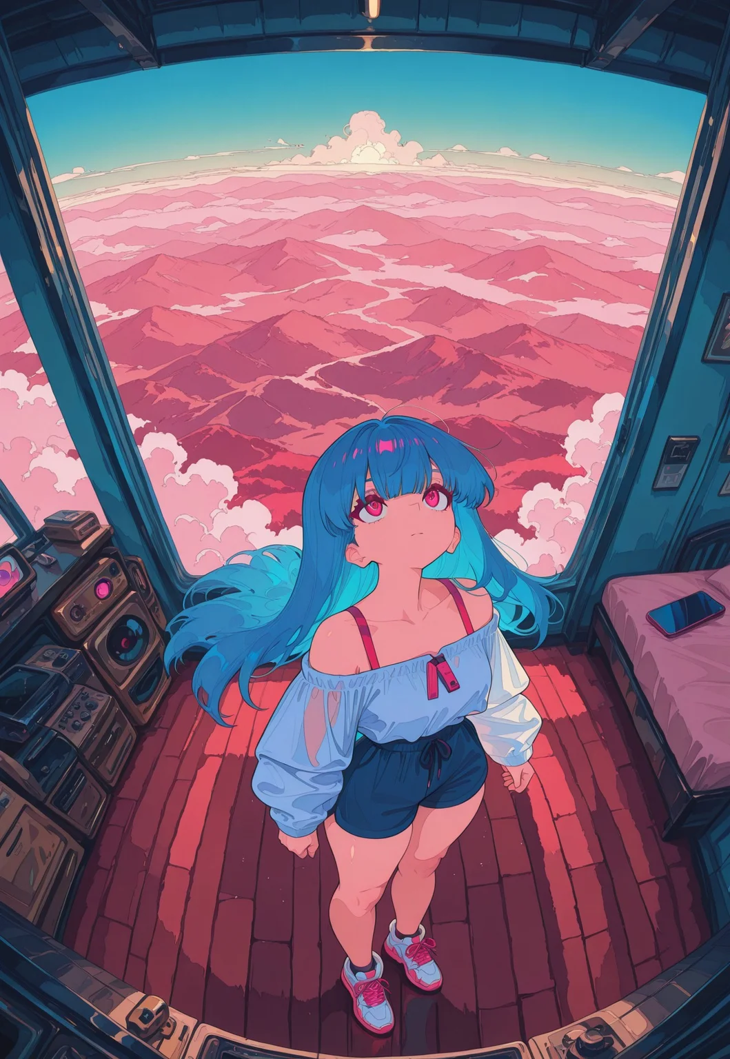 masterpiece, best quality, amazing quality, very aesthetic, absurdres, newest, scenery,
, looking up, see-through bang, blue hair, pink eyes, long hair, off-shoulder top, red spaghetti strap,
blue hair, long hair, bangs
off shoulder top, oversized top, white outfits, bare legs, sneakers, casual outfit,
skindentation, (chubby thick legs, thick legs, chubby legs, thick calf), athlete ankles,
((from above)),
seductive, bed, indoor, dynamic pose, animated, dynamic angle, upper body, close-up, portrait, from above, fisheye lens, detailed face, colorful, close-up, volumetric lighting,
nurzhan bekkaliyev, Elephant_Legs, thick thighs, thick legs, fl4t,