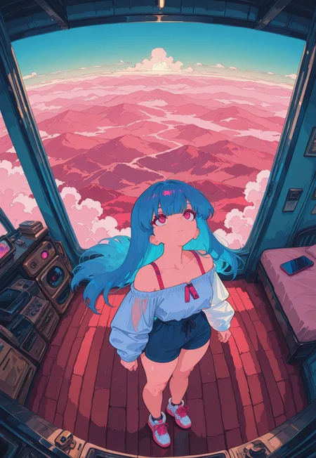 masterpiece, best quality, amazing quality, very aesthetic, absurdres, newest, scenery,
, looking up, see-through bang, blue hair, pink eyes, long hair, off-shoulder top, red spaghetti strap,
blue hair, long hair, bangs
off shoulder top, oversized top, white outfits, bare legs, sneakers, casual outfit,
skindentation, (chubby thick legs, thick legs, chubby legs, thick calf), athlete ankles,
((from above)),
seductive, bed, indoor, dynamic pose, animated, dynamic angle, upper body, close-up, portrait, from above, fisheye lens, detailed face, colorful, close-up, volumetric lighting,
nurzhan bekkaliyev, Elephant_Legs, thick thighs, thick legs, fl4t,