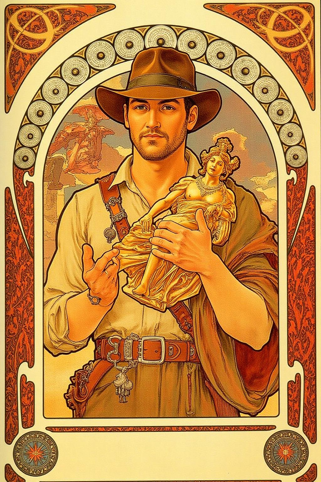 mucha1 Art Nouveau illustration of Indiana Jones Holding a Golden Idol. <lora:mucha1_cap_d6a3e11:1.0><lora:822877186865242131:0>