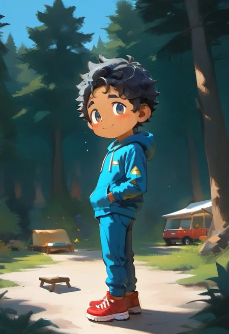 score_9, score_8_up, score_8, ((high_quality)), ((Super_Detailed)), 1boy,(max (camp camp),:1.2) solo, hood, blue hoodie,, yellow shirt, blue pants, red shoes, (curly black hair,:1.2) dark skin ,cute, chibi, small body, cartoony, cartoon style, (by ardidon:1.2),max ((Super_Detailed)),camp background, cartoony, cartoon style, (by ardidon:1.2),max, dynamic angle, side view, view from the side, full body, excited face, fear face, blushing, digital art