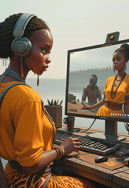African Princess As a Twitch Streamer, bored.
Many details everywhere.
Ray-Tracing.
Anti-Aliasing.
Realistic reflections.
Realistic soft shadows.
Slightly desaturated colors.
Insane quality.
Insane resolution.
Insane details.
Masterpiece.
16k resolution.
By Simon Stalenhag.