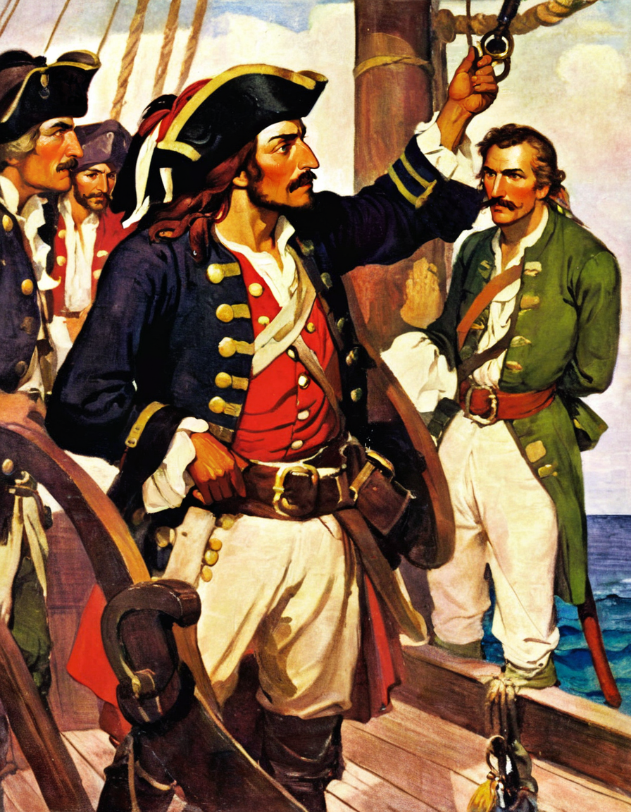 painting by Schoonover of a Pirate Captain speaking to his crew on the deck of his ship while out at sea in the summer of the year 1714  <lora:FSchoonover-000003:1>