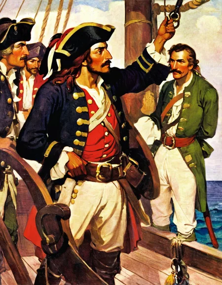 painting by Schoonover of a Pirate Captain speaking to his crew on the deck of his ship while out at sea in the summer of the year 1714  <lora:FSchoonover-000003:1>