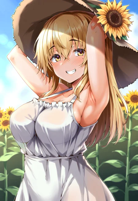 score_9, score_8_up, score_7_up, score_6_up, score_5_up, score_4_up,
simple background, gradient background,
refraction, caustics, rim lights, backlighting, bloom,
BREAK
source_anime, day, outdoors, sky, flower field, sunflower, sunflower field, sunset,
BREAK
1girl, sundress, sunhat, blonde hair, large breasts, see-through silhouette, happy, hair between eyes,
arms up, armpits, light smile,
<lora:Nusmusbim-v5c-PDXL:1>