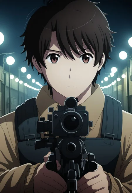 high resolution, solo, best quality, 1Boy, Inaho Kaizuka, Black Hair, Brown Eyes, potrait, midnight, dim street lights, mysterious, threatening, weapon, aiming the weapon to the viewer, OverallDetail
