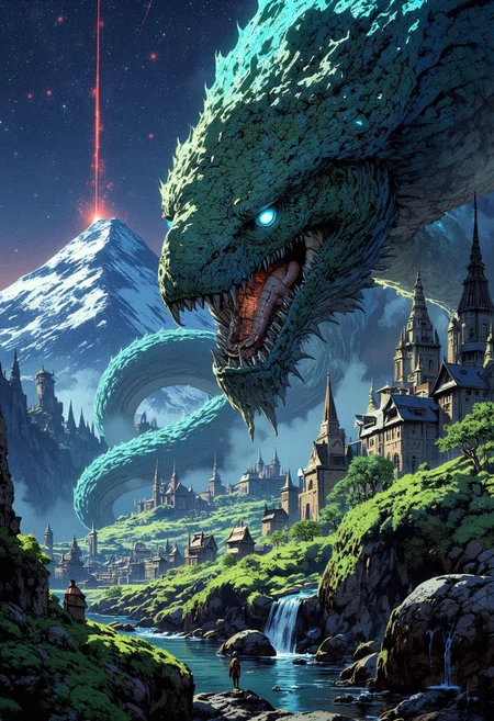 mythp0rt, anime, fill the scene with haze and dust, Create a fantasy scene with a small forest city, alien desert jungle under a dark, star-filled sky, hard to see in the mist massive, coiled snake with a mossy, wood bark-like appearance. The snake has a wet, withered surface, sharp scales, and glowing deep eyes. fangs, small city below that snake. In the background, a large, falling star trails, trails with bright red shimmer, mountain with snowy top, casting an eerie cyan glow across the mossy wet terrain. The atmosphere should feel intense and surreal, blending dark fantasy and sci-fi elements with high detail and dramatic lighting.