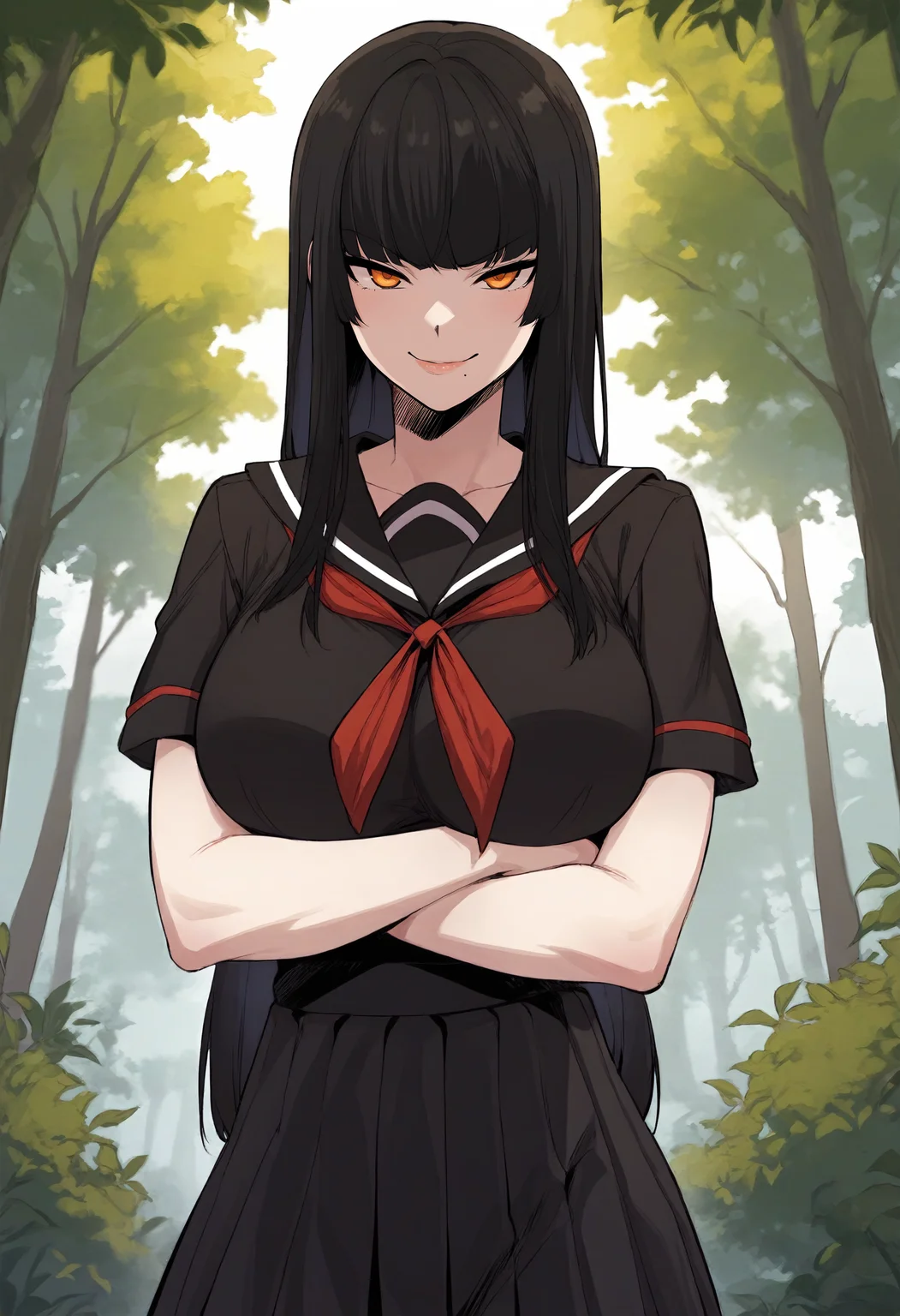 score_9, score_8_up, score_7_up, score_6_up, source_anime, rating_explicit, 1girl, solo, huge breasts, <lora:President Hong prefectPonyxl:0.9> black hair, long hair, hime cut, blunt bangs, orange eyes, mole under mouth, school uniform, black serafuku, short sleeves, black shirt, black sailor collar, red neckerchief, black skirt, pleated skirt, smirk, forest, outdoors, looking at viewer, crossed arms