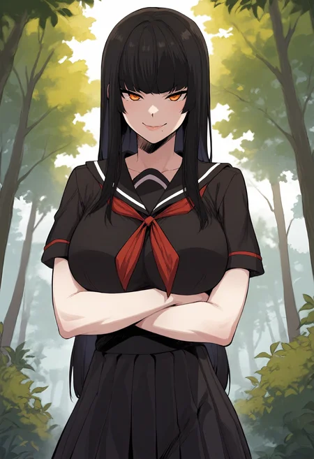 score_9, score_8_up, score_7_up, score_6_up, source_anime, rating_explicit, 1girl, solo, huge breasts, <lora:President Hong prefectPonyxl:0.9> black hair, long hair, hime cut, blunt bangs, orange eyes, mole under mouth, school uniform, black serafuku, short sleeves, black shirt, black sailor collar, red neckerchief, black skirt, pleated skirt, smirk, forest, outdoors, looking at viewer, crossed arms