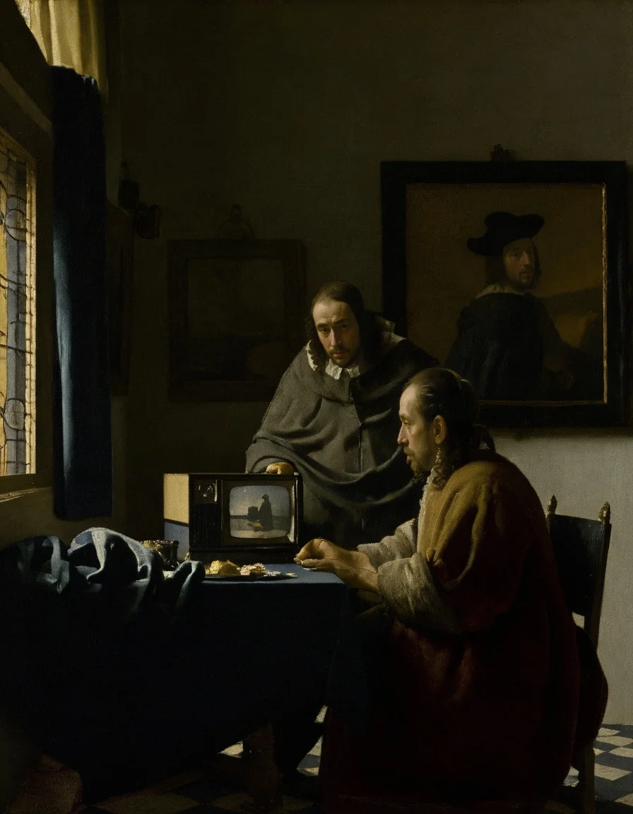 <lora:JohannesVermeerXL_v1:1> JohannesVermeerXL, a man sitting at a table (looking at a TV:1.2)