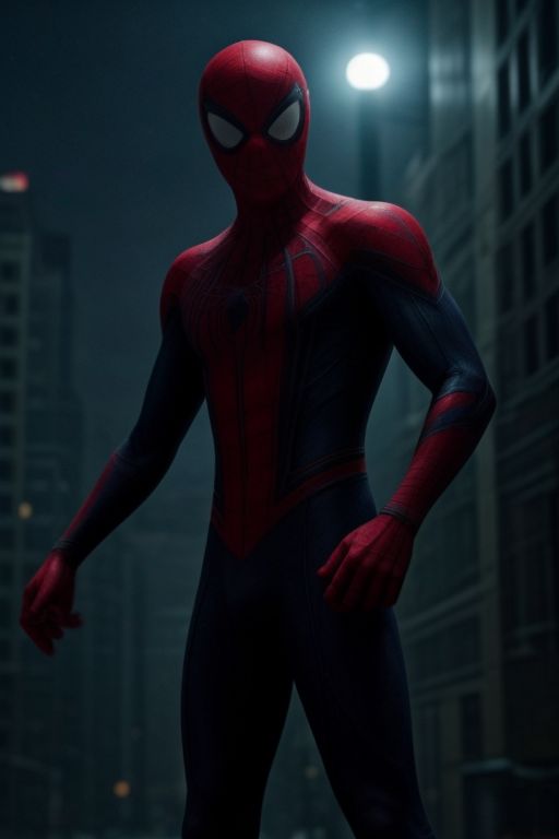 Spider-Man in a red and blue suit on the background of a night city. He stands surrounded by cobwebs and looks directly at the viewer