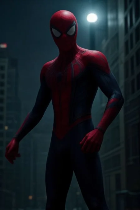 Spider-Man in a red and blue suit on the background of a night city. He stands surrounded by cobwebs and looks directly at the viewer