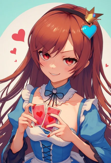 score_9, score_8_up, score_7_up, 1girl, alice in wonderland style, blue dress, detached collar, Queen of Hearts, holding card, smug grin, Ami Arakawa
