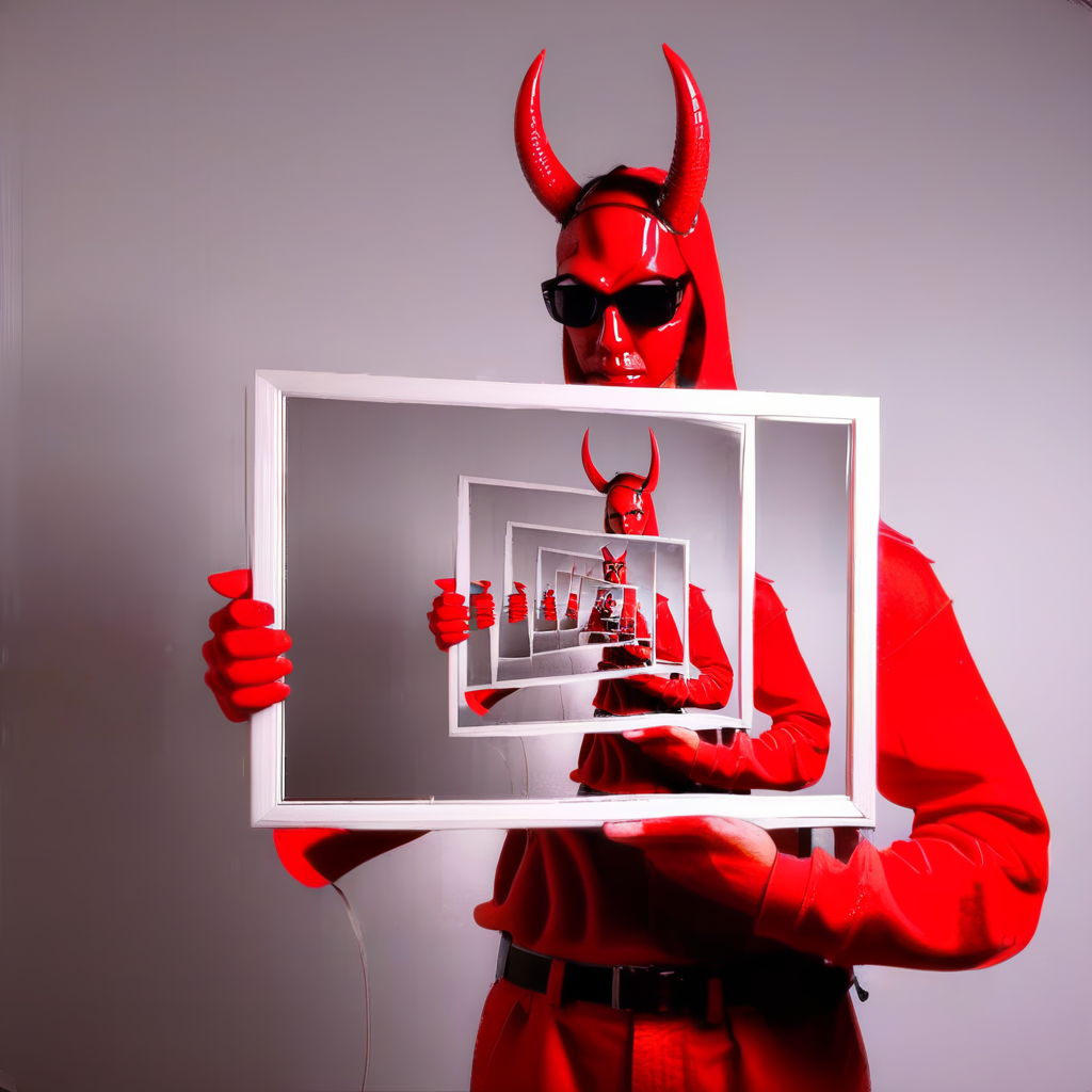 framex devil holding a frame with photo <lora:framex:1>