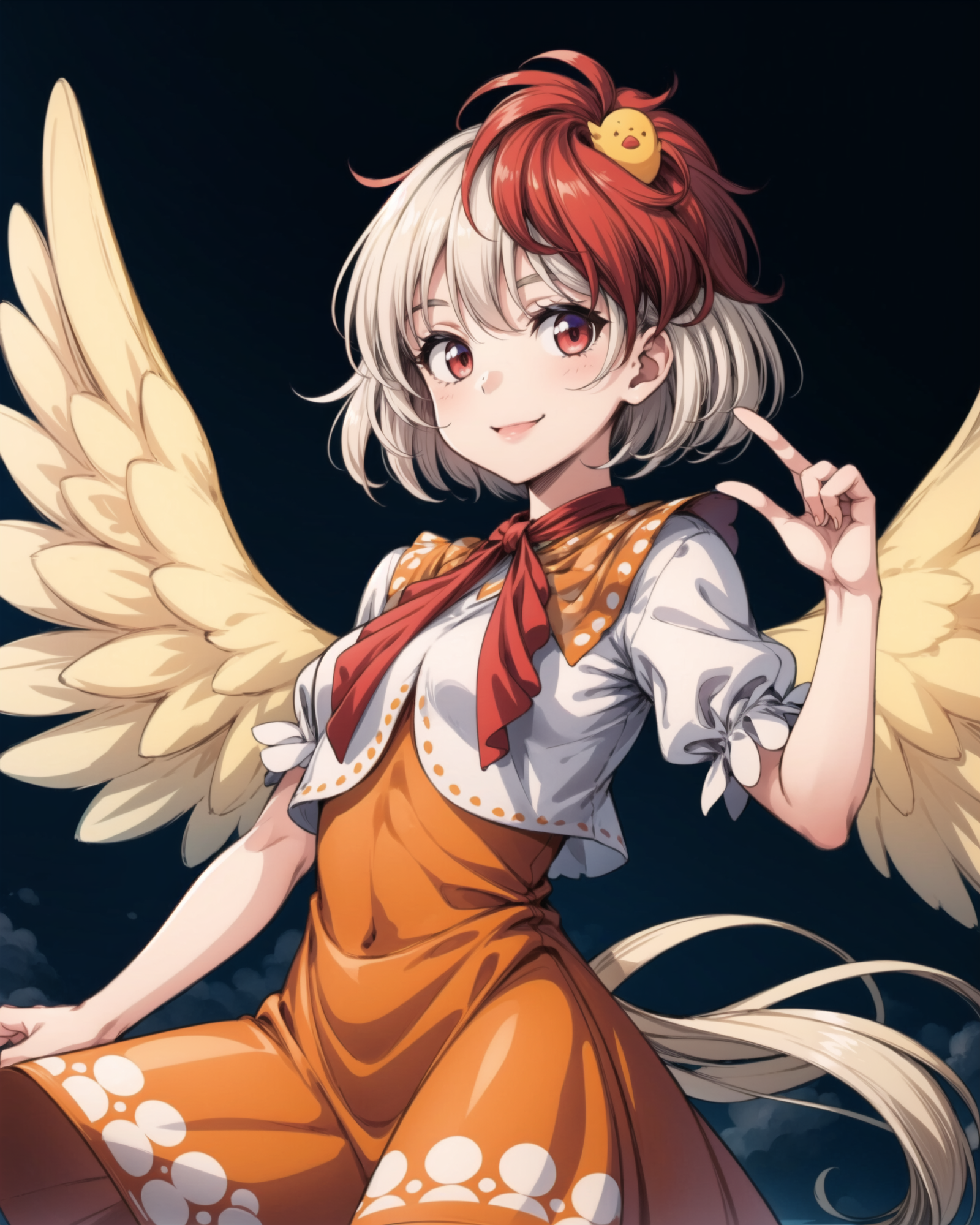 <lora:touhou_niwatari-10:1.0>, cowboy shot, solo, 1girl, niwatari kutaka, smile, looking at viewer, bird on head, orange dress, shirt, puffy short sleeves, wings, tail, <lora:add_detail:1>, masterpiece, best quality, perfect composition, <lyco:GoodHands-beta2:1.0>